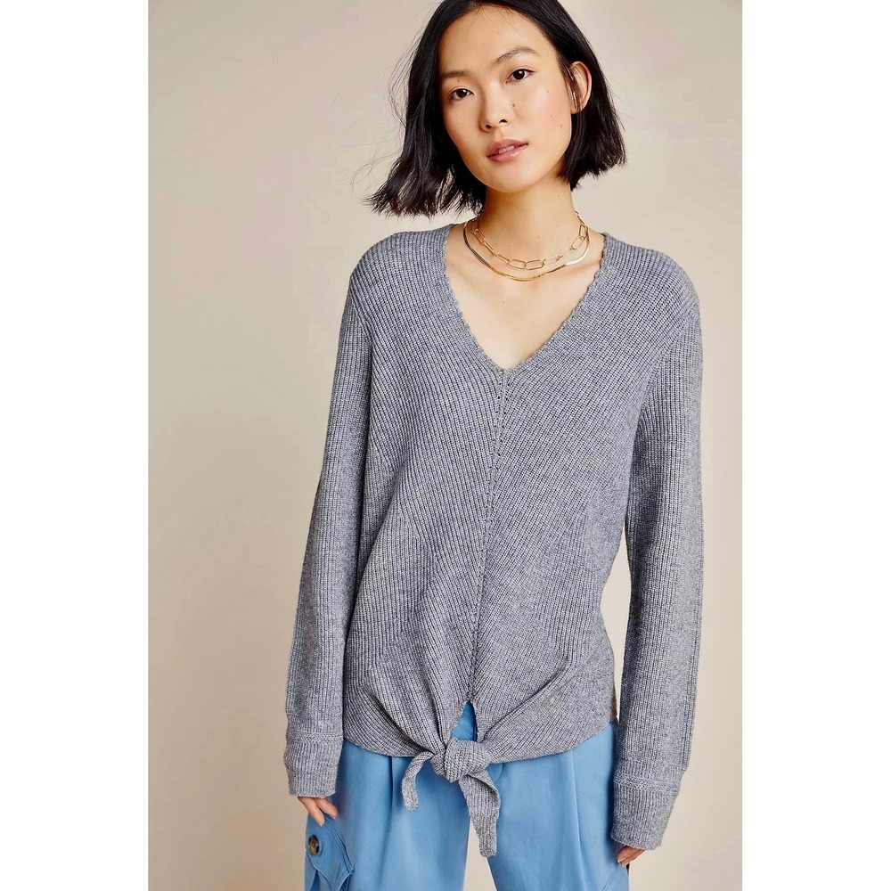 By ANTHROPOLOGIE Rocio Ribbed Tie Front Sweater Solid Gray V Neck Knit Medium
